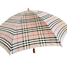 Vintage Burberry Nova Check Folding Umbrella Wood Handle w/ Case   Logo Plaid