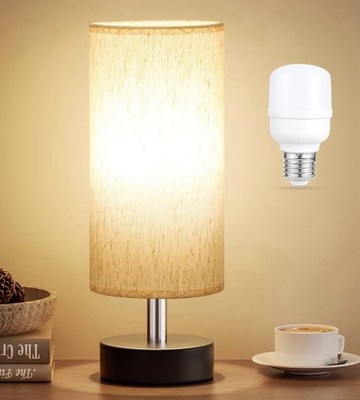 Modern Beige Table Lamp with Round Fabric Shade and LED E27 Bulb