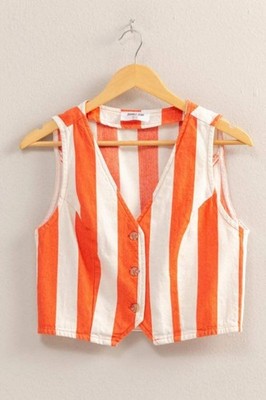 Woven Striped V-Neck Button Down Vest