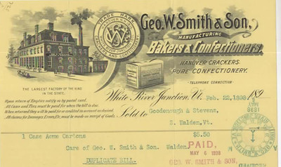 1898 Billhead Geo W Smith Hanover Crackers Factory White River Junction Vermont
