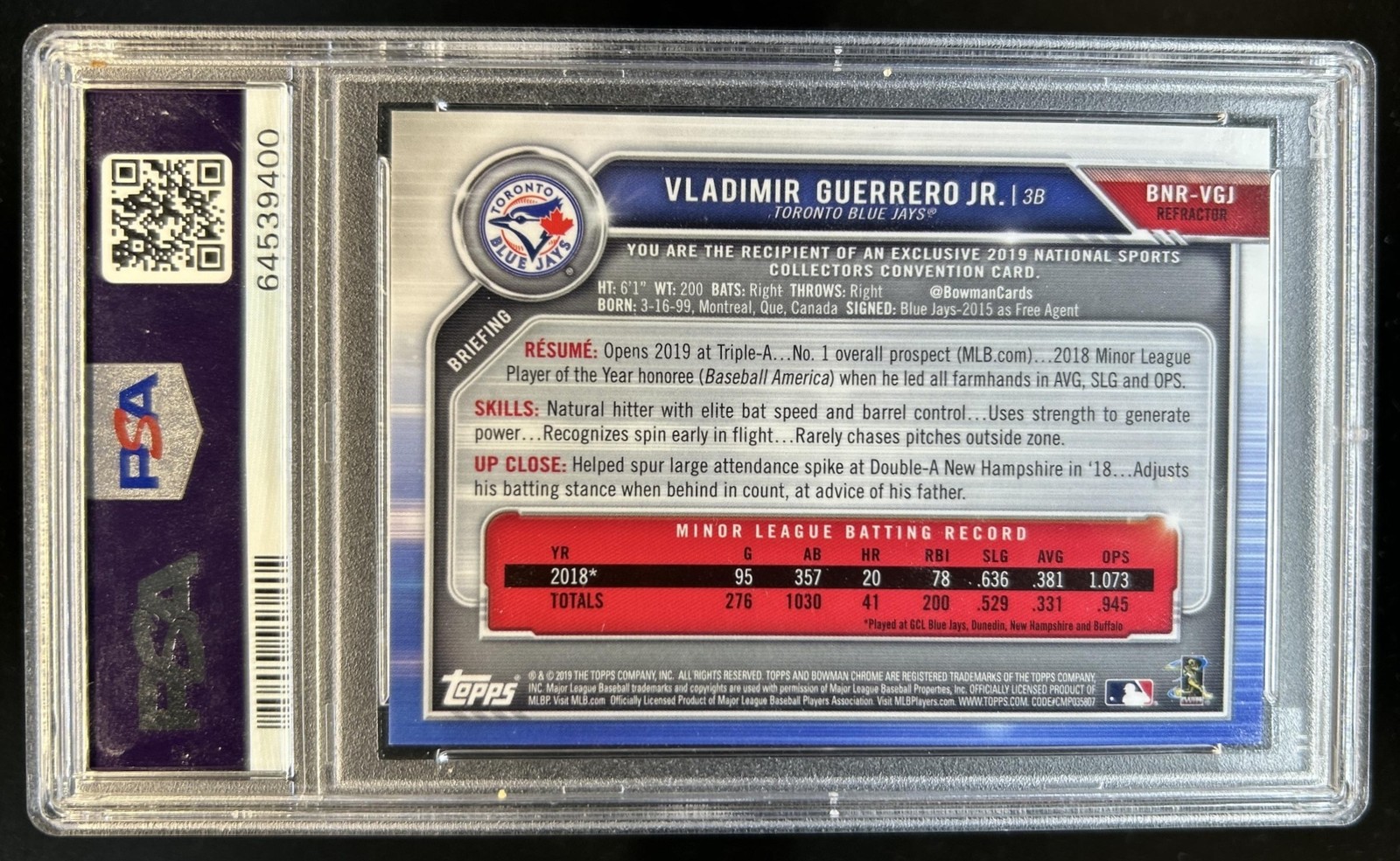 2019 Topps Chrome National Vladimir Guerrero Jr. RC Refractor #BNR-VGJ PSA 10 view 2