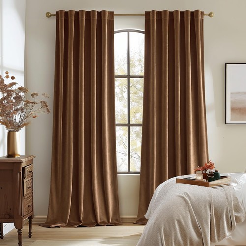 Back Tab & Rod Pocket Velvet Curtains 96 Inches Long 2 Panels Set, Brown Clas... - Picture 2 of 7