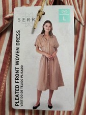 New Front Pleated Button Up Cottage Peasant Prarie Midi Dress Serra Sz L