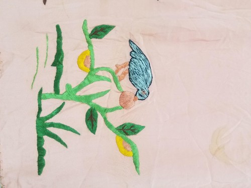 Vintage traditionelles Klavierschal Seide Vögel mit Nest handbestickt 115 x 115 cm - Bild 10 von 12
