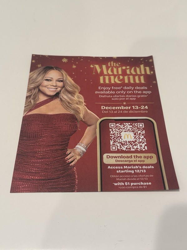 2021 McDonalds Restaurant Singer * Mariah Carey * 5” x 7” Menu L@@K