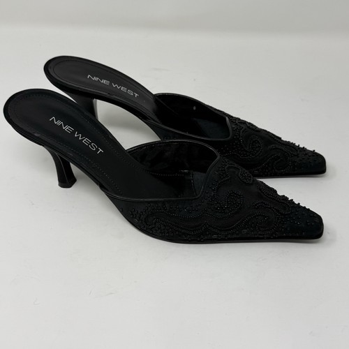 Vintage Nine West Mule Womens 8.5 Black Beaded Kitten Heel Pointed Toe 90s Y2K - Picture 15 of 18