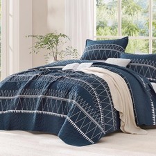 Navy Oversized Super King Quilt Set, 3 Pieces Striped Bedspread  Boho Soft L...