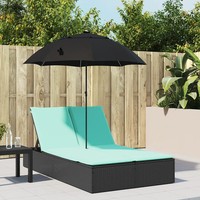 Doppel-Sonnenliege Mit Kissen Und Sonnenschirm Polyrattan Schwarz
