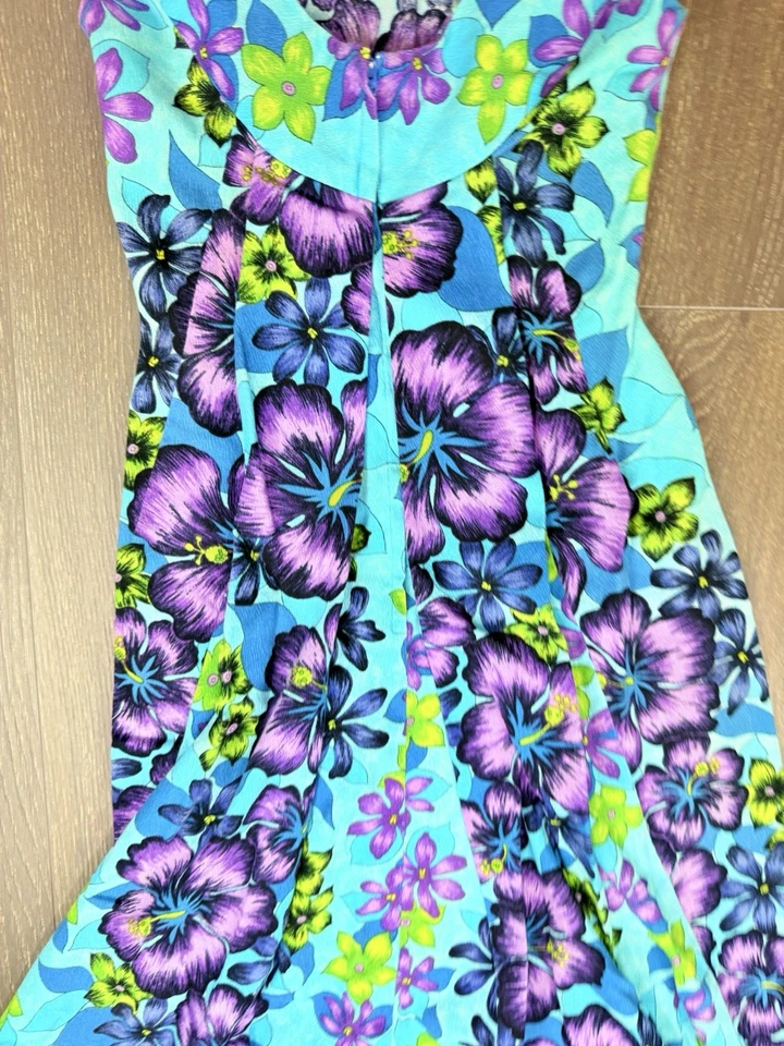 Vtg Jolene  1960s Hawaiian Maxi Dress Sm Sleeveless Blue Purple Waterfall Back - Image 4 of 4