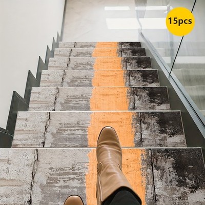 Rubber Non-Slip Stair Treads, 15pcs, Brown Vintage Textured Pattern, Comfortab