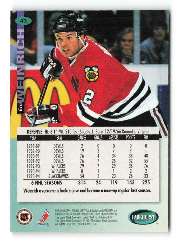 1994-95 Parkhurst #43 Eric Weinrich Chicago Blackhawks - Image 2 of 2