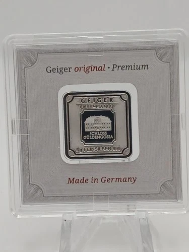Geiger Edelmetalle Schloss Güldengossa 5g .999 Fine Silver Square Bar In Assay