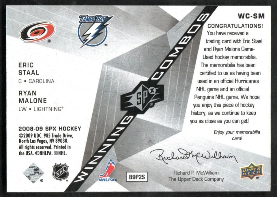 2008-09 SPx Winning Combos Eric Staal/Ryan Malone Jersey #WC-SM Carolina - Image 2 of 2