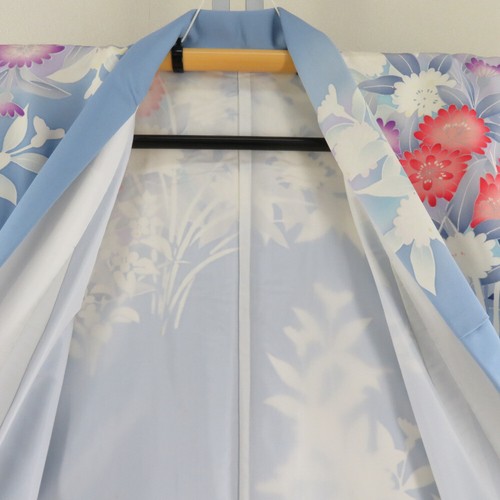 Kimono Furisode seta floreale blu 66,5 pollici donna - Foto 15 di 23