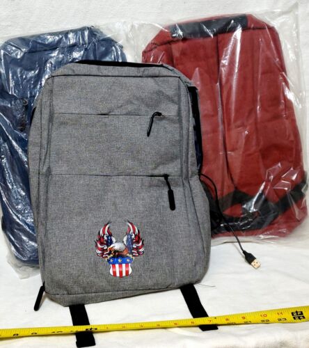 School Backpack, USA, American eagle, Red, Gray and Blue, USB Extension, New - Picture 1 of 11