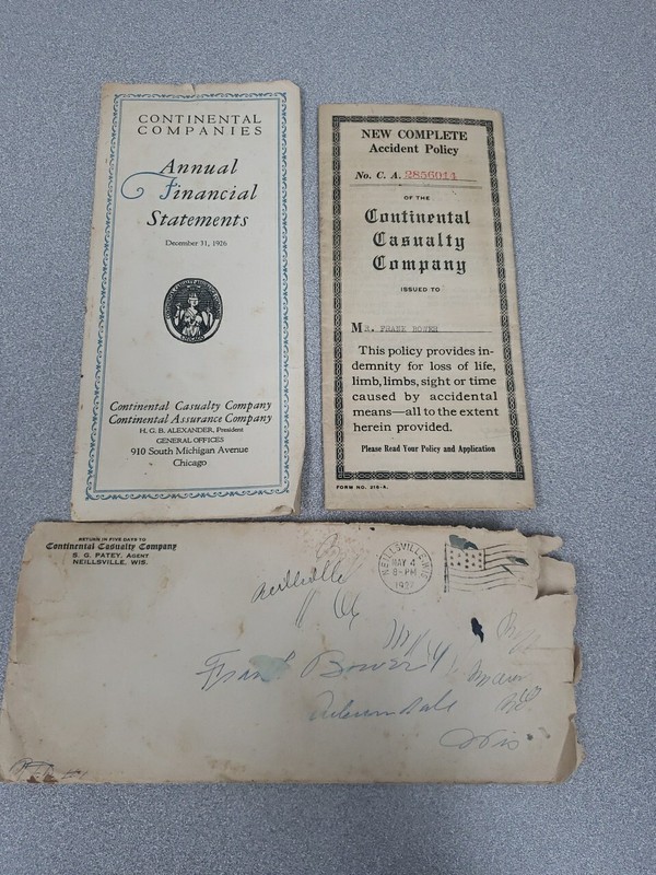 Vintage 1926 Continental Casualty Company Financial Accident Policy Chicago