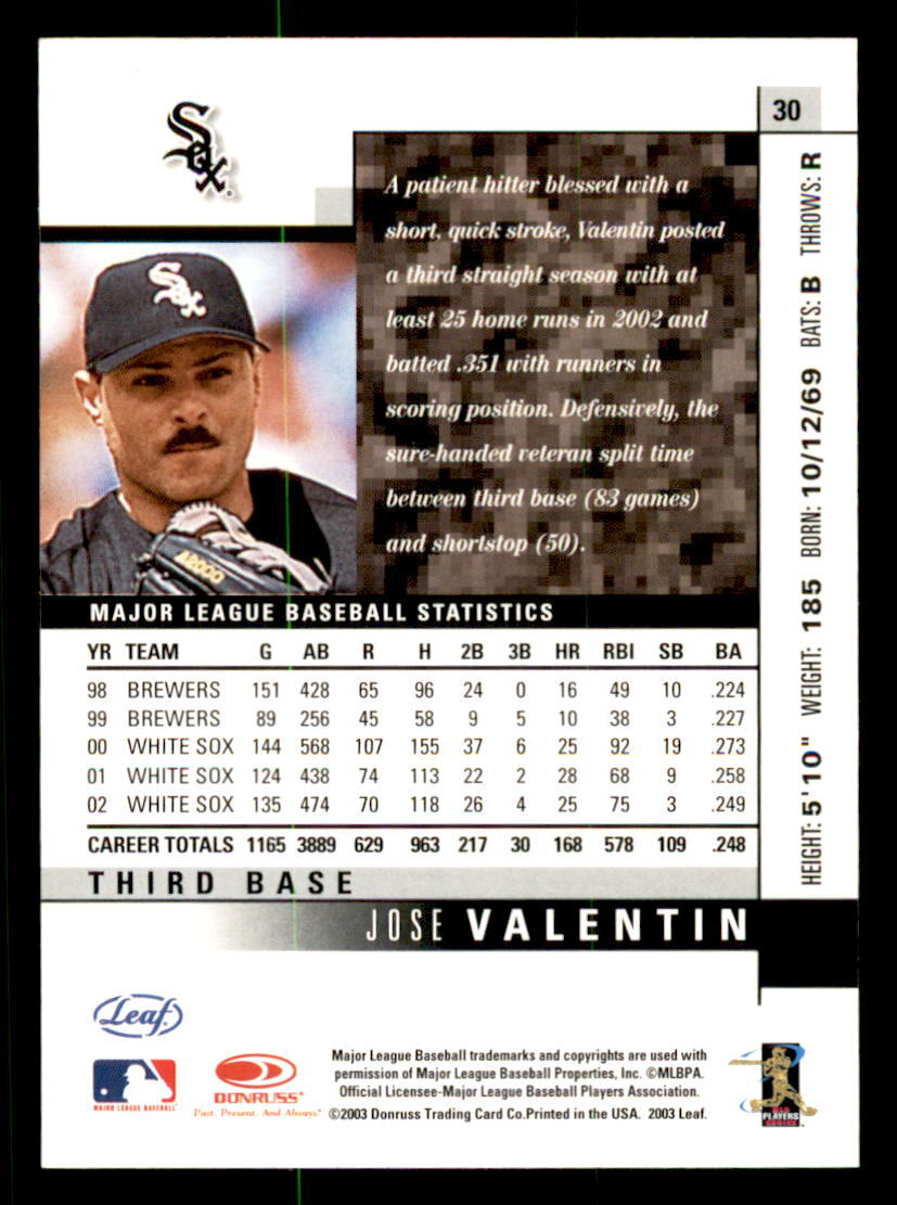 2003 Leaf #30 Jose Valentin Chicago White Sox