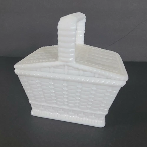 Vintage Westmoreland White Milk Glass Weave Pattern Picnic Basket Dish with Lid