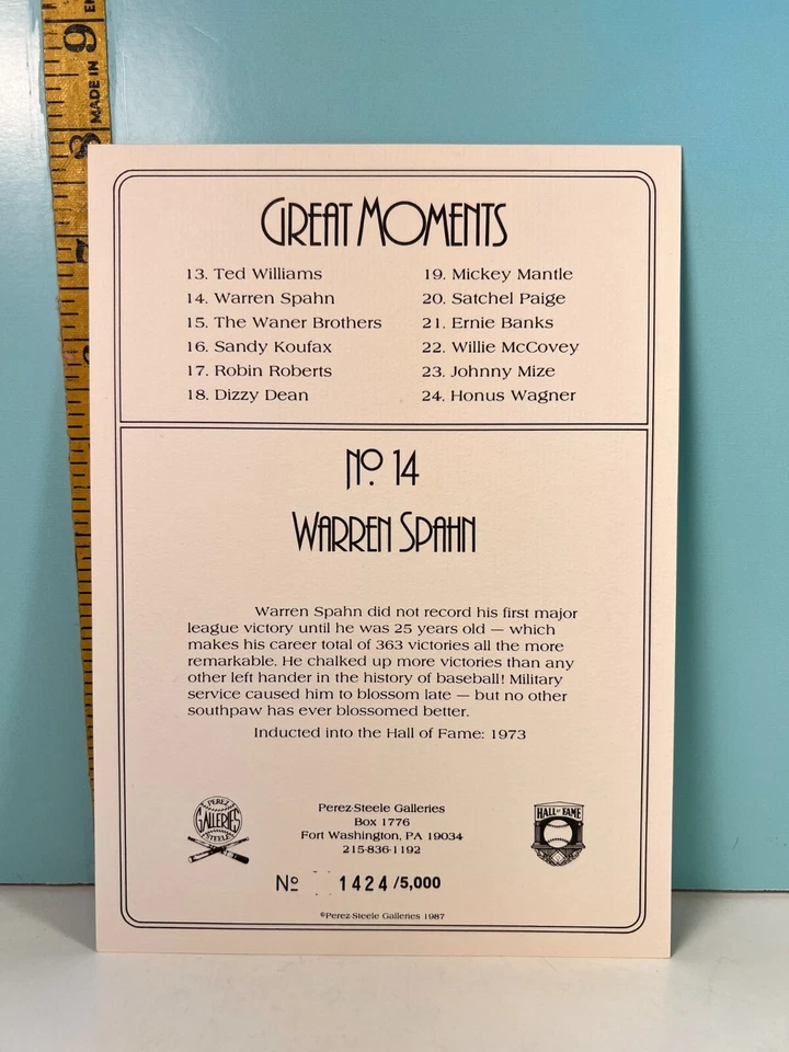 🔥1987 Perez Steele WARREN SPAHN Limited Edition Autographed Card 1424/5K RARE🔥 - Image 4 of 4