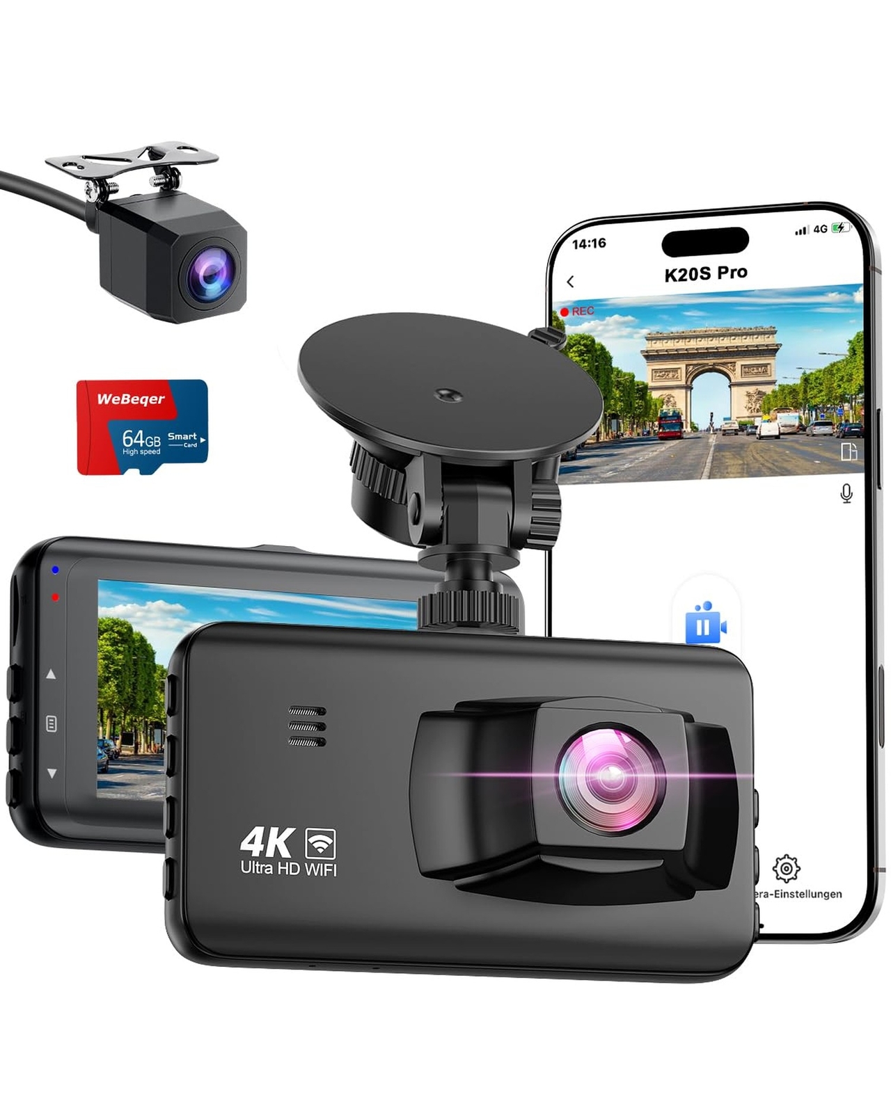 4K Dual Front and Rear Dashcam with WiFi 64GB Card 4K+1080P Recording-image