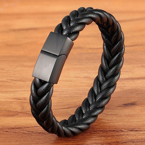1 pcs Mens Real Leather Braided Wristband Bracelet Stainless Steel Magnetic - Picture 17 of 52