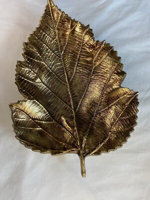 Large Maple Leaf Bowl Candy Dish Trinket Metal Painted Gold Detailed Textured