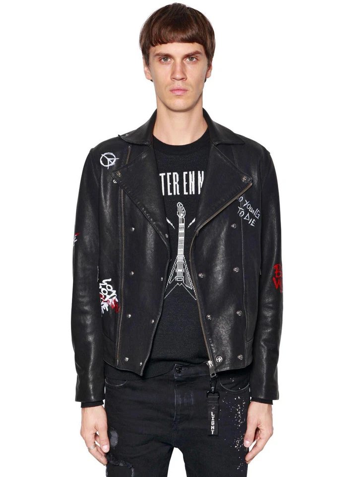 THE KOOPLES Leather Jacket SMALL Mens Black Biker Orlinski Graffiti Tag Punk Art - Image 3 of 4