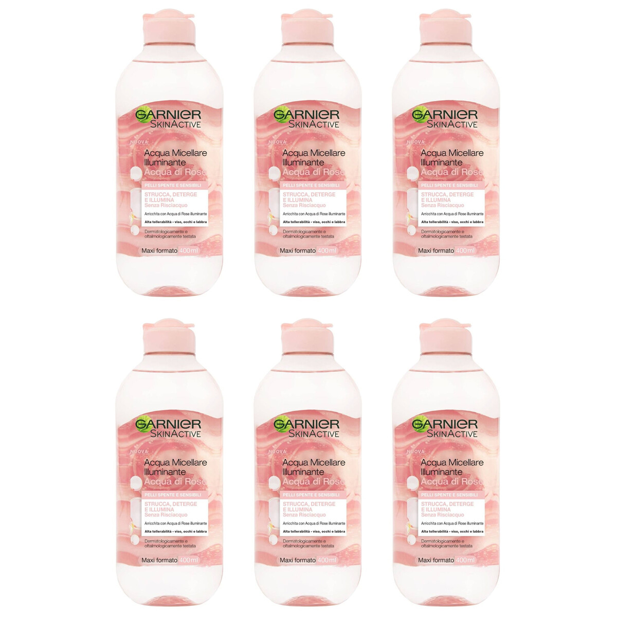 6 GARNIER skin active ACQUA MICELL. ILLUMINANTE acqua di rose pelli spente 400ml