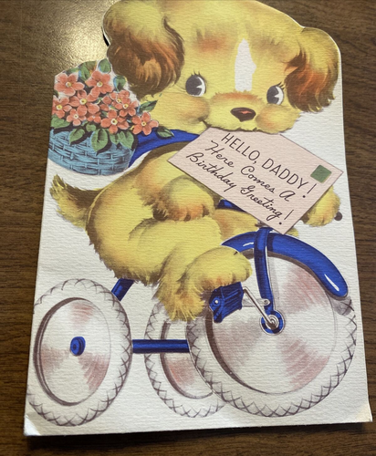 Vintage 1940s Happy Birthday Card Die cut Dog Puppy on Tricycle Bike P2E - Picture 3 of 18