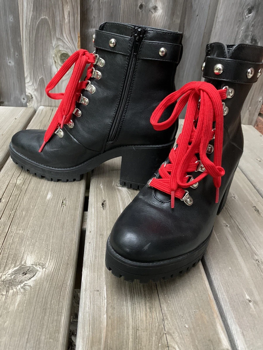 Forever 21 Black Combat Boots Red Laces Size 9