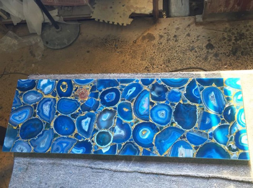 Blue Agate Dining Table Countertop Handmade Arts Crystal Home Interior