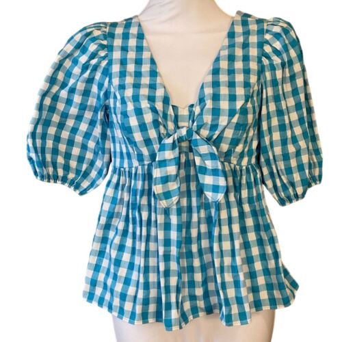 Lilly Pulitzer Sarafina Short Sleeve Turquoise Gingham Puff Sleeve V Neck 00 NWT