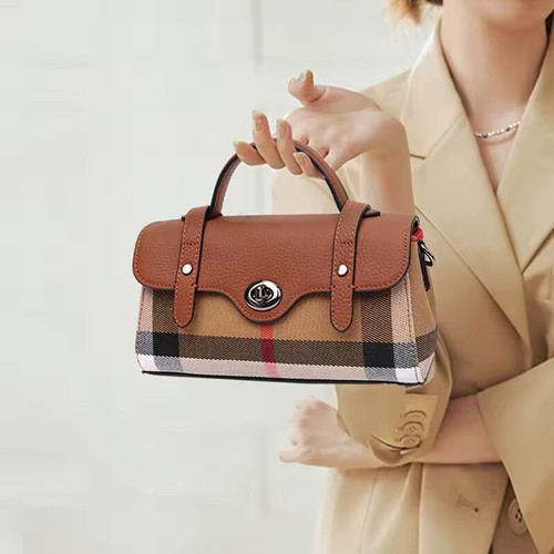 Karierte Canvas & Leder Mini Tasche - klassische Damen Umhängetasche Schultertasche - Bild 2 von 22