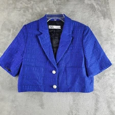 Zara Blazer Jacket Women Large Blue Tweed Cropped Pearl Buttons Elegant Coquette