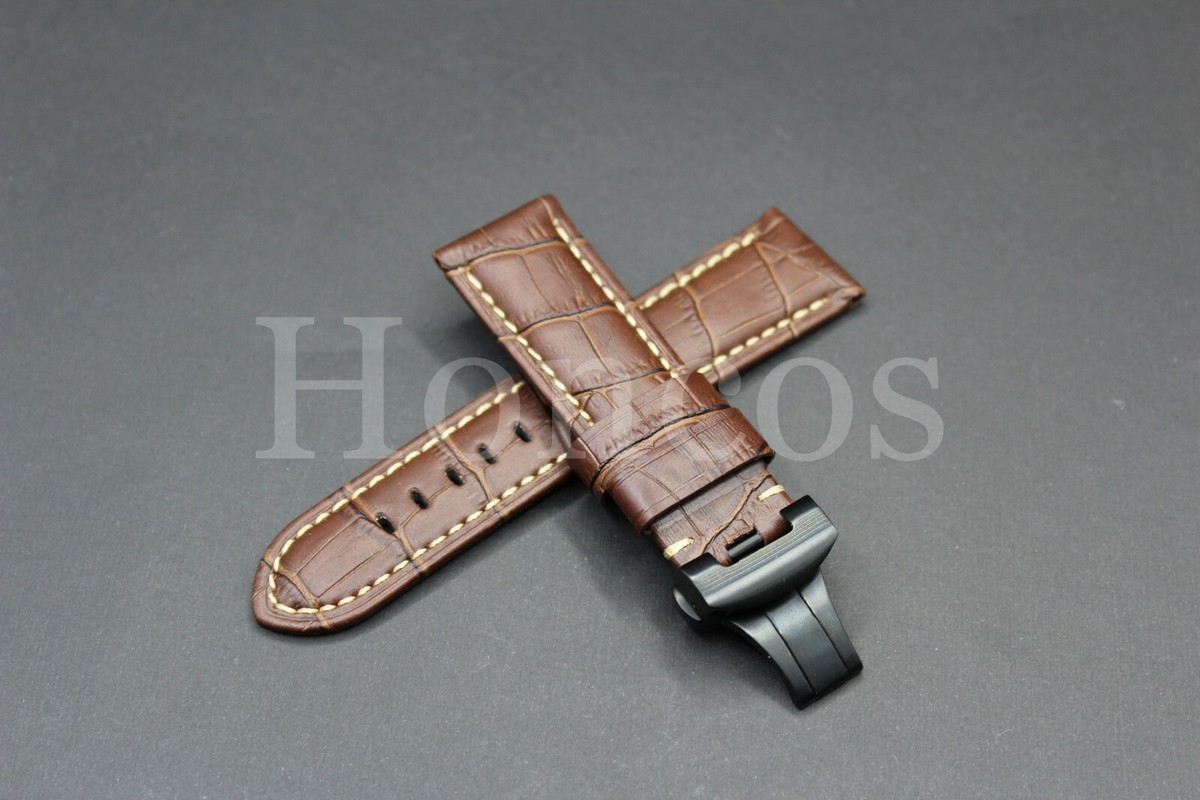 Bracelet Montre 24 Mm En Cuir D'alligator - Marron - Boucle Déployante - Pour Panerai 1950