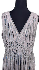 ASOS Embellished Sequin Beaded Flapper Mini Dress 10 Blush Silver V-Neck & Back