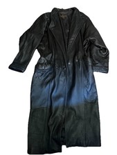 Vintage Winlit Black Leather Long Trench Overcoat Button Front Lined Size S