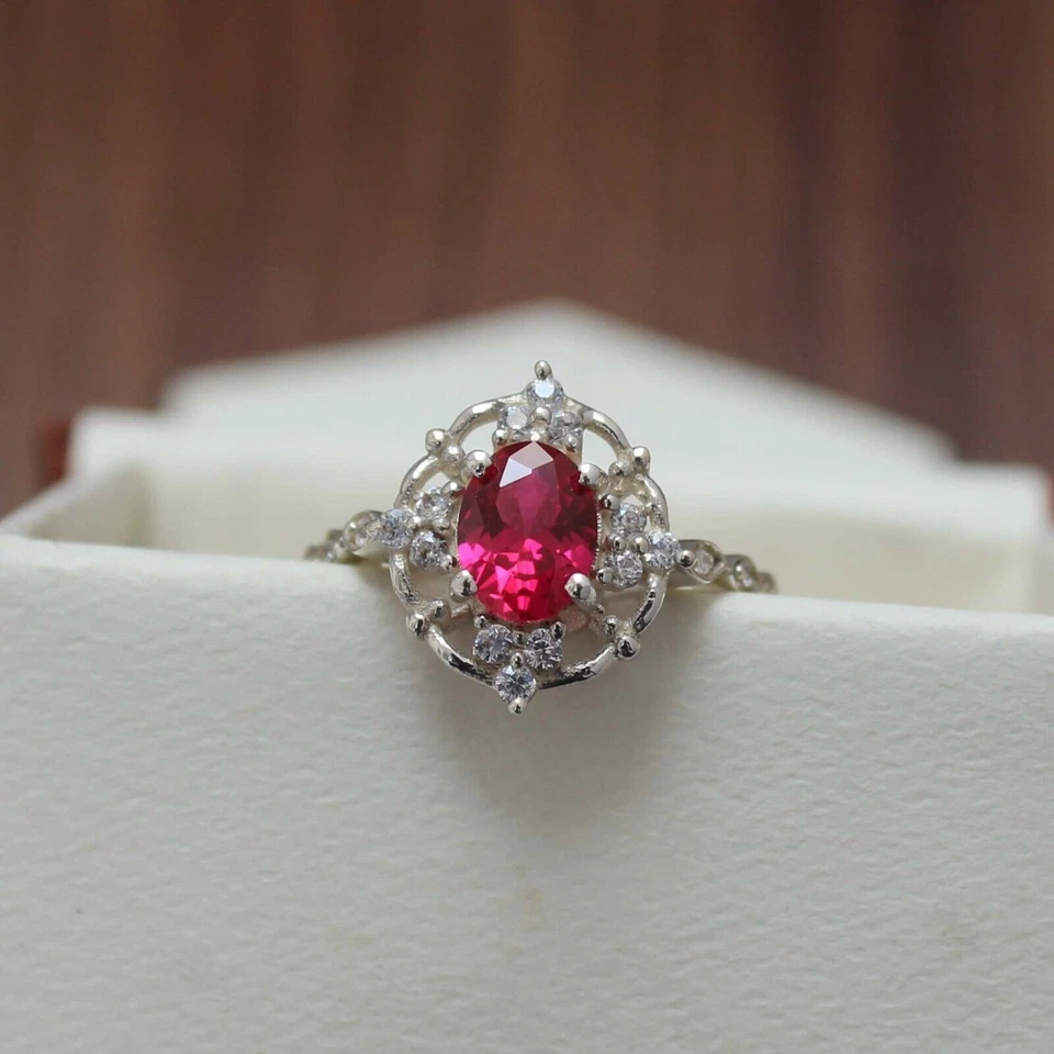 Ruby Gemstone Stackable Ring 925 Sterling Silver Lab Created Oval Cut Ring - Image 2 of 4