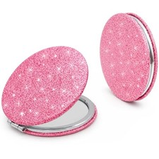 2 Piece Cute Pink Compact Makeup Mirror with Glitter, Portable Folding Pocket