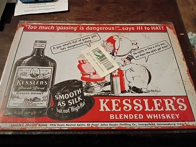 KESSLER'S BLENDED WHISKEY PRIVATE SMOOTH AS SILK METAL TIN SIGN Bar Liquor Decor