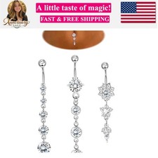 3-6Pcs 14G 316L Stainless Steel Belly Button Rings for Women Flower CZ Dangle...