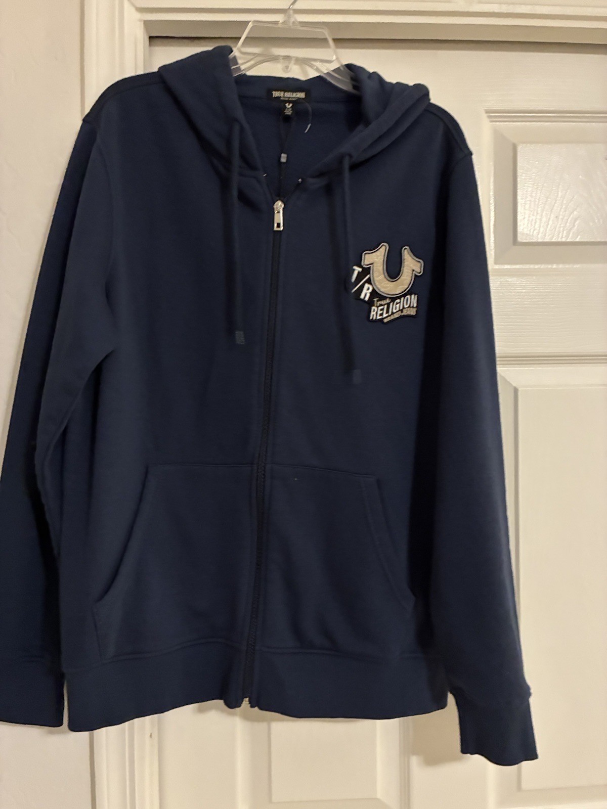 True Religion Jeans Men's Size Large Full Zip EMB Patch Fleece Dress Blue Hoodie thumbnail 2