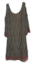 Altar’d State Women’s Lacy Green And Brown Mid Length Dress With Open Shoulder