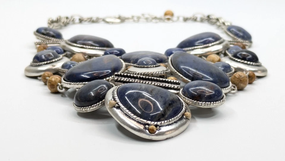 Chico's HUGE Sodalite & Jasper 真石厚围兜项链 19 英寸银色 — 第 3/4 张图片