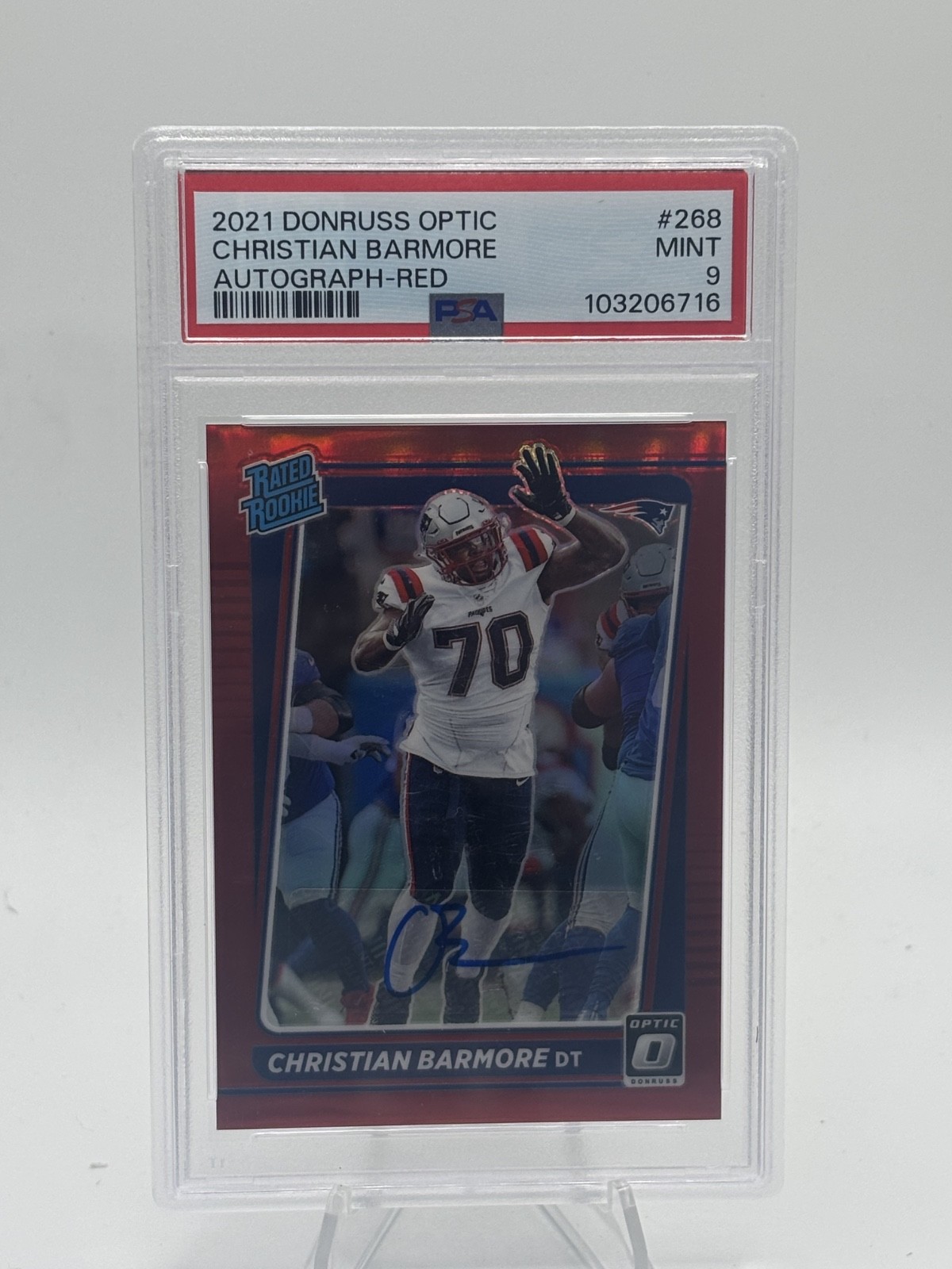 2021 Donruss Optic Red Prizm #268 Christian Barmore RC Rookie AUTO 10/35 PSA 9