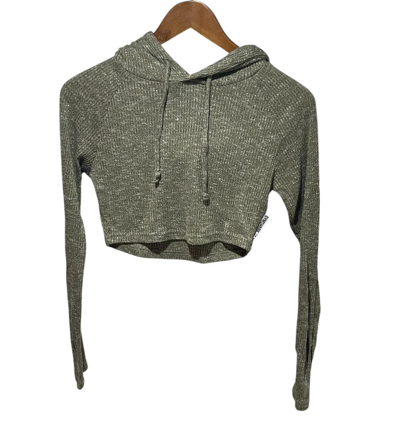 Gymshark Hoodie Womens Small Green Ribbed Crop Long Sleeve Athleisure Pullover
