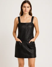 W by Worth Leather Y2K Mini Dress Sleeveless Zip Back Square Neck Black Size 0