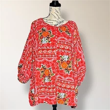Lauren Conrad 3X Red Floral Boho Peasant Blouse Button Front Cottagecore Top