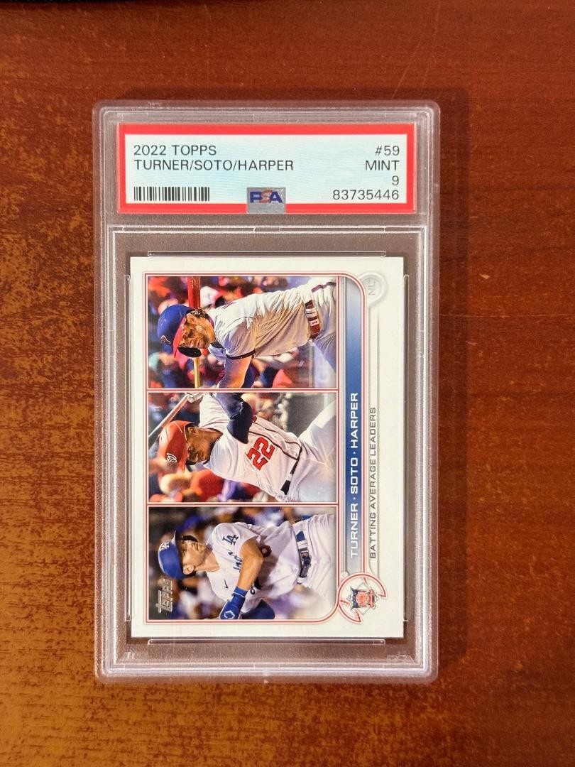 2022 Topps #59 Trea Turner Juan Soto Bryce Harper PSA 9 Mint Batting Leaders view 2