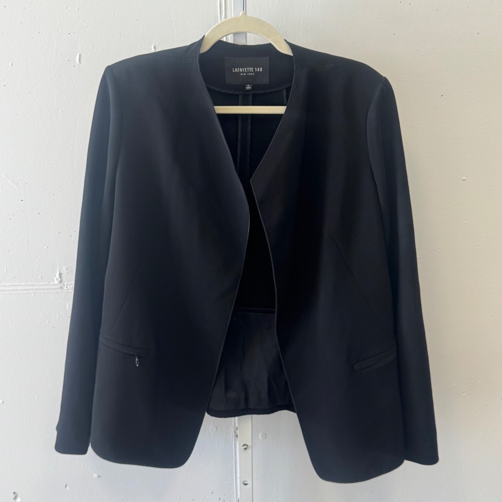 Lafayette 148 New York Black Collarless Open Front Blazer Jacket Women's Size 12
